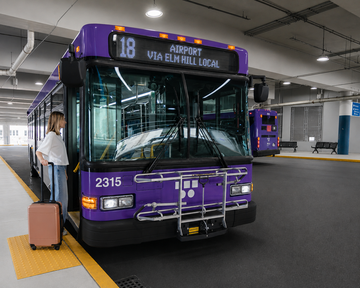 A woman with a suitcase boards a blue WeGo public transit bus labeled 18 Airport via Elm Hill at an indoor terminal. Another bus is in the background.